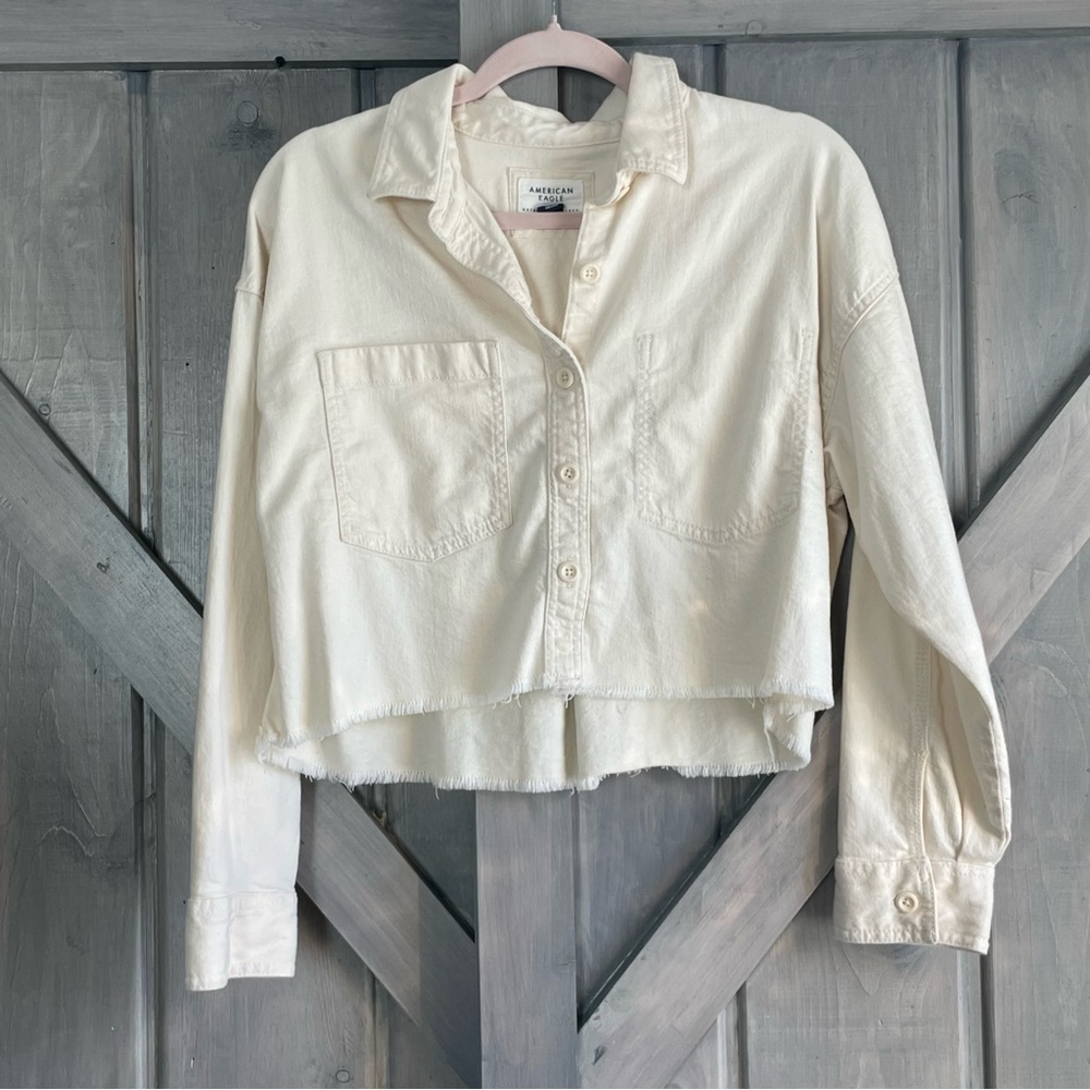 American‎ Eagle women’s canvas cropped raw hem pocket jacket ivory oversized